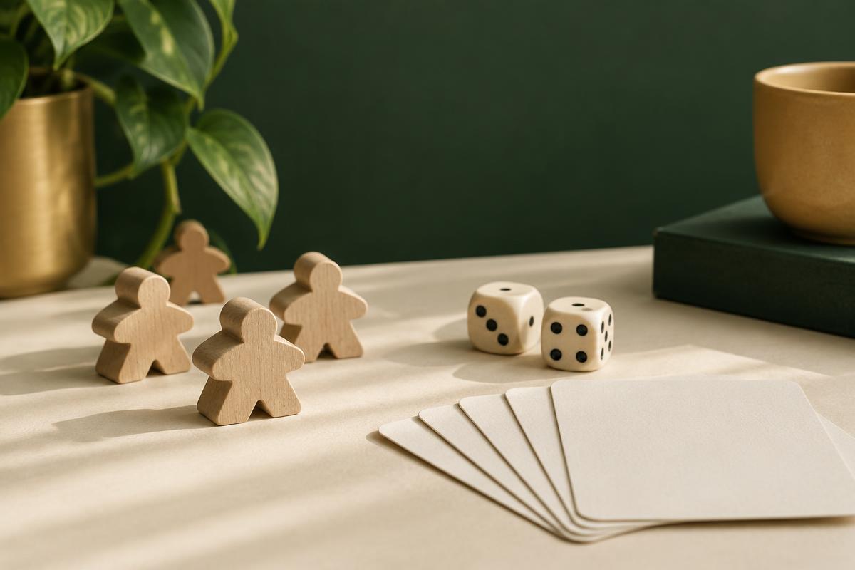Wooden meeples, dice and a fan of blank cards arranged on a cream surface