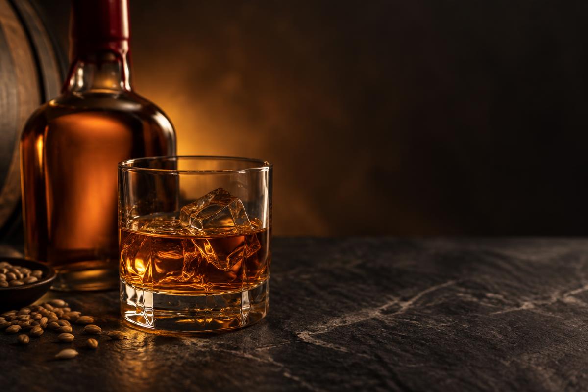 A glass of amber bourbon beside an unlabelled wax-sealed bottle and grains of barley